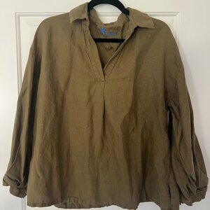 Yuvita Olive Green Linen Blouse – Relaxed Fit V-Neck Tunic, Excellent Condition